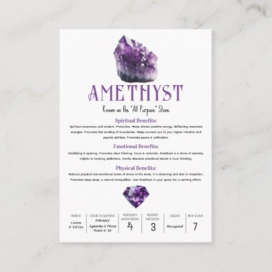 アメジスト紫色の結晶形而上学的特性 名刺 (正面)
