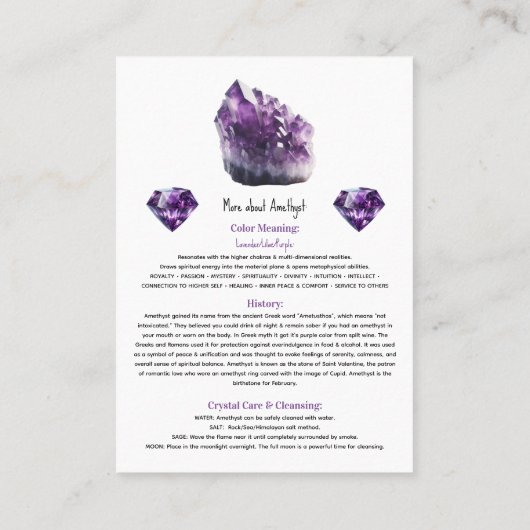 アメジスト紫色の結晶形而上学的特性 名刺 (裏面)