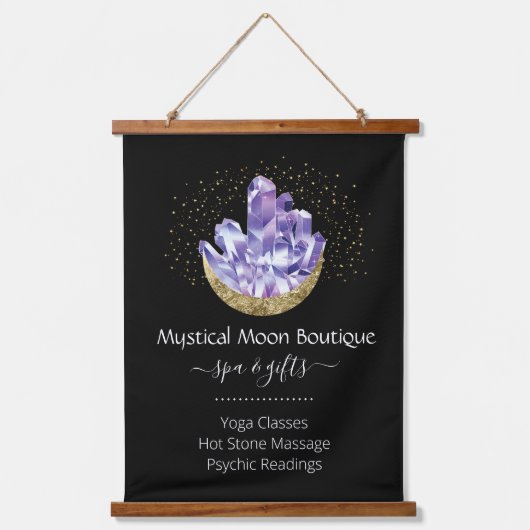 アメジスト結晶クラスター金ゴールド三日月神秘的 吊り下げ型タペストリー (正面)