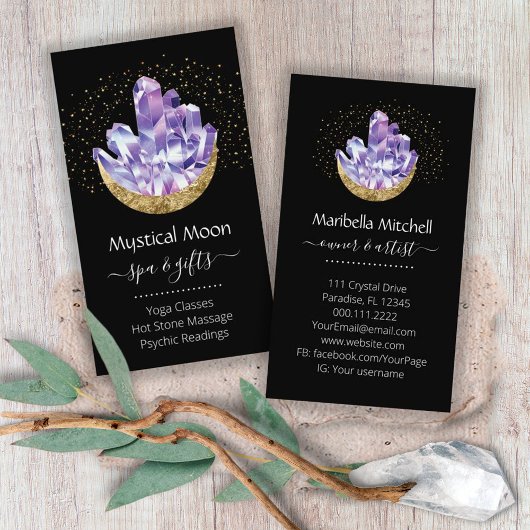 アメジスト結晶クラスター金ゴールド三日月神秘的 名刺