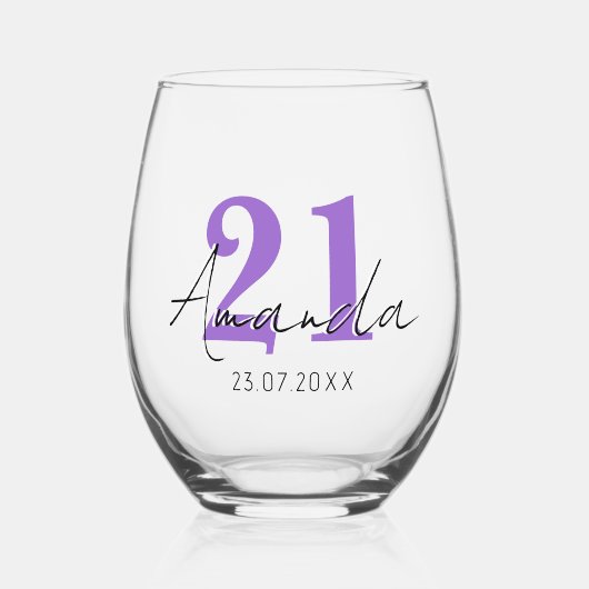 アメジスト誕生日番号 |黒い3D名前日付 ステムなしワイングラス (正面)