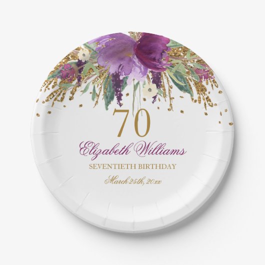 アメジスト フローラル ギター 70歳の誕生日 ペーパープレート (正面)