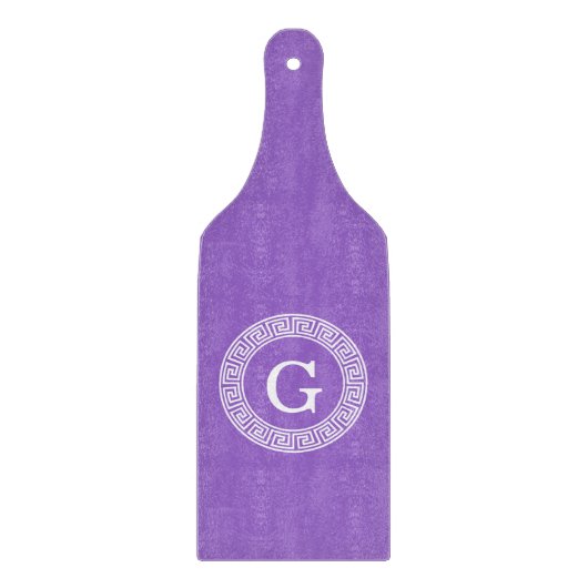 アメジストWhtギリシャ語鍵Rndフレームイニシャルモノグラム カッティングボード (正面)
