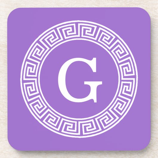 アメジストWhtギリシャ語鍵Rndフレームイニシャルモノグラム コースター (正面)