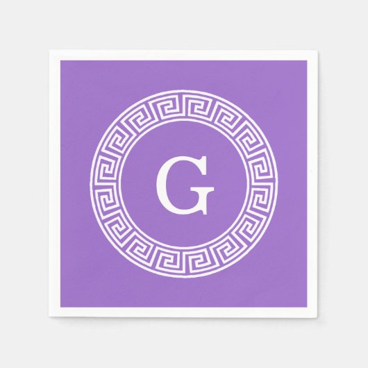 アメジストWhtギリシャ語鍵Rndフレームイニシャルモノグラム スタンダードカクテルナプキン (正面)