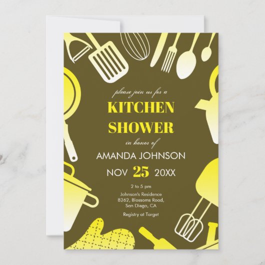 アメニスイエローカーキキッチンブライダルシャワー 招待状 (正面)
