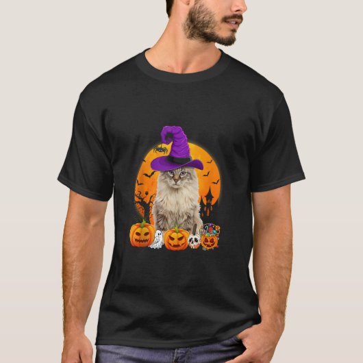 アメリおもしろいカのカール猫ハロウィーンウィッチカボチャTa Tシャツ (正面)