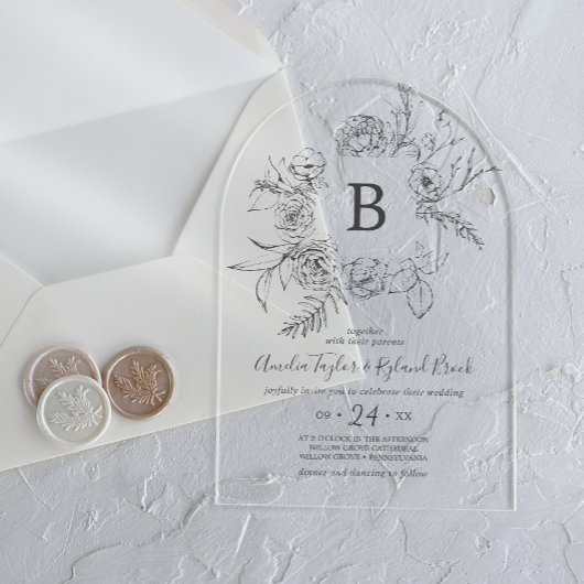 アメリアボホアーチボタニカルモノグラム結婚フローラ アクリル招待状