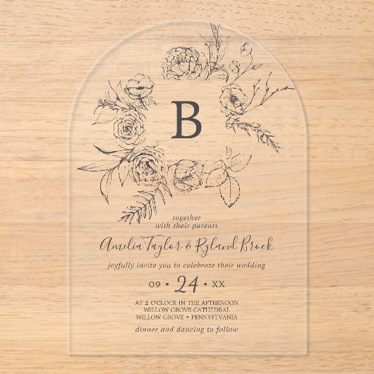 アメリアボホアーチボタニカルモノグラム結婚フローラ アクリル招待状 (正面)