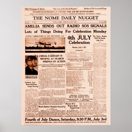 アメリア・イアハート失踪 フルページ新聞 1937 ポスター (正面)
