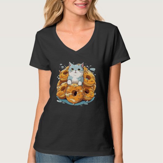 アメリカおもしろいブレイクの可愛い猫顔付きベーグル Tシャツ (正面)