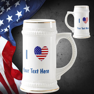 アメリカが大好き (米国国旗ハート) 青いテキストが好き ビールジョッキ