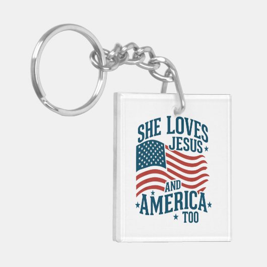 アメリカとイエスを愛し続ける彼女の国旗4日 キーホルダー (正面左)