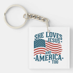 アメリカとイエスを愛し続ける彼女の国旗4日 キーホルダー