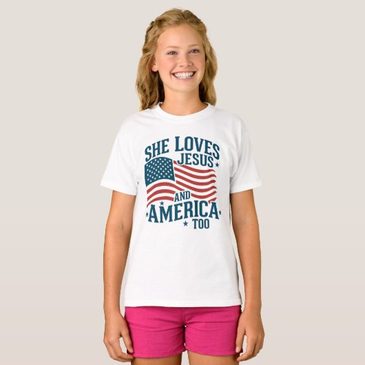 アメリカとイエスを愛し続ける彼女の国旗4日 Tシャツ (正面フル)