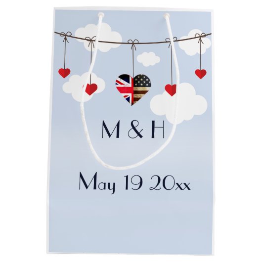 アメリカとイギリスの国旗、王室のハート結婚の ミディアムペーパーバッグ (裏面)
