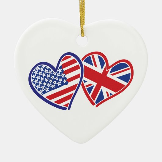 アメリカとイギリスの旗のハート セラミックオーナメント (正面)