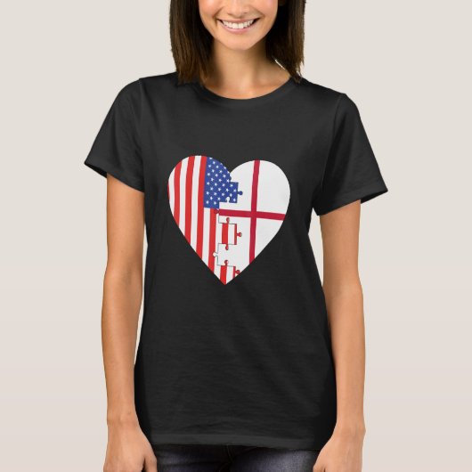 アメリカとイングランドの旗のハート Tシャツ (正面)