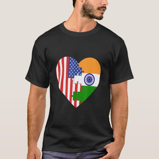 アメリカとインドの国旗ハート Tシャツ (正面)