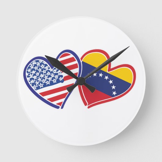 アメリカとベネズエラの国旗ハート ラウンド壁時計 (正面)