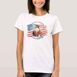 アメリカに祝福を 星条旗/鷲/花 Tシャツ