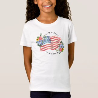 アメリカに祝福を 水彩フラグと花 III Tシャツ
