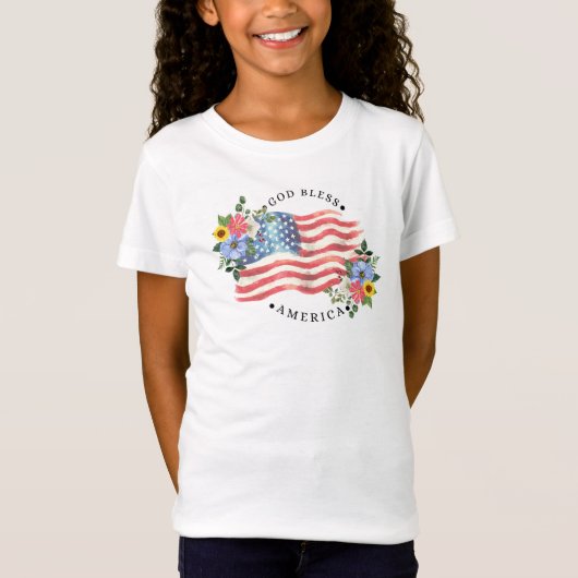 アメリカに祝福を 水彩フラグと花 III Tシャツ (正面)