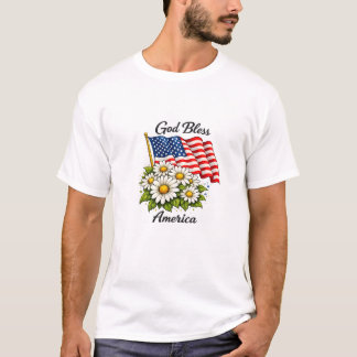 アメリカに神の祝福を USA国旗とデイジーのフラワーアート Tシャツ