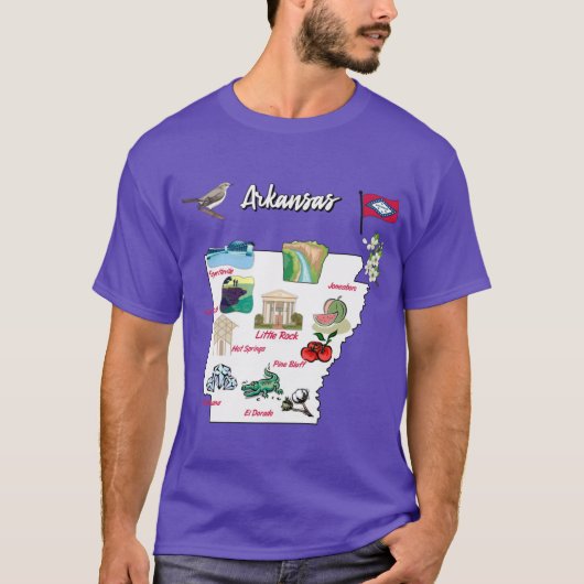 アメリカのアーカンソー州の主要都市の地図イラスト Tシャツ (正面)