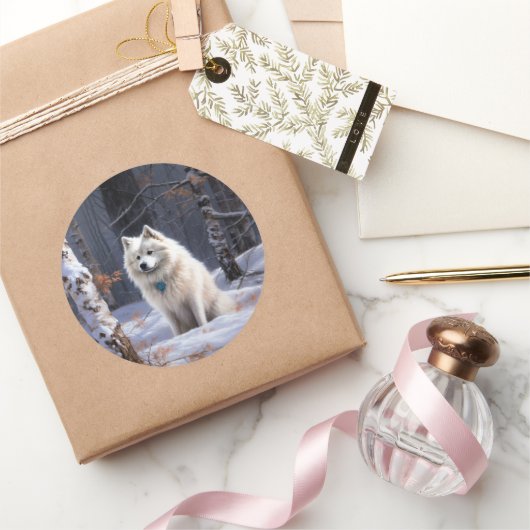 アメリカのエスキモーが雪のクリスマスを過ごす ラウンドシール (ギフト)