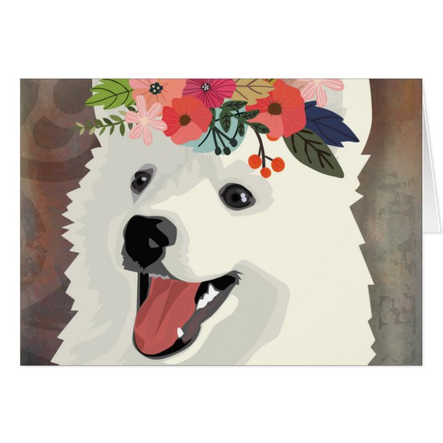 アメリカのエスキモー犬が花の冠を育てる (正面横)