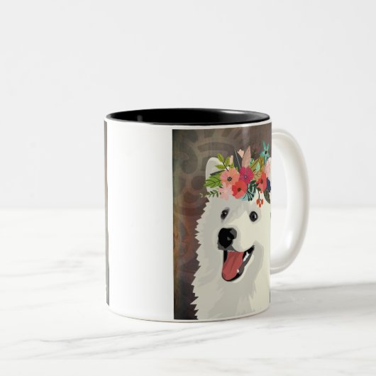 アメリカのエスキモー犬が花の冠を育てる ツートーンマグカップ (正面右)