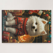 アメリカのエスキモー犬とクリスマスプレゼント暖炉 ジグソーパズル (横)