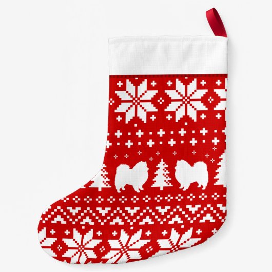 アメリカのエスキモー犬はパターンEskiesのシルエットを描きます スモールクリスマスストッキング (裏面)