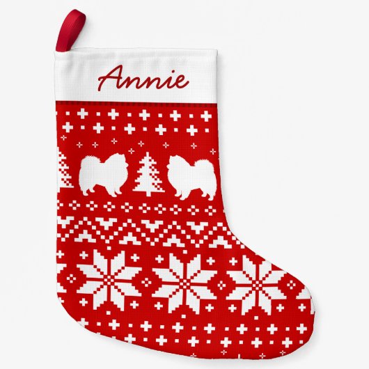 アメリカのエスキモー犬はパターンEskiesのシルエットを描きます スモールクリスマスストッキング (正面)