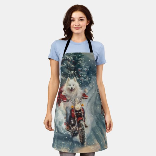 アメリカのエスキモー犬オートバイクリスマスに乗る エプロン (着用した状態)