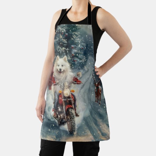 アメリカのエスキモー犬オートバイクリスマスに乗る エプロン (インサイチュ)