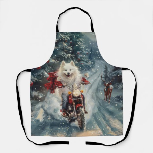 アメリカのエスキモー犬オートバイクリスマスに乗る エプロン (正面)
