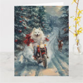 アメリカのエスキモー犬オートバイクリスマスに乗る カード (黄色い花)