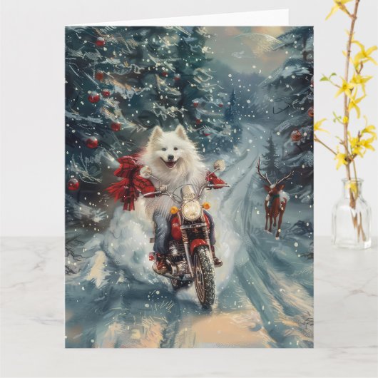 アメリカのエスキモー犬オートバイクリスマスに乗る カード (黄色い花)