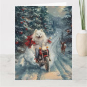 アメリカのエスキモー犬オートバイクリスマスに乗る カード (正面)
