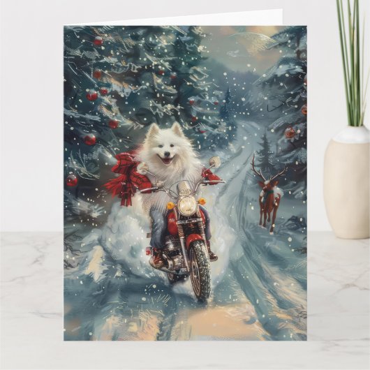 アメリカのエスキモー犬オートバイクリスマスに乗る カード (正面)