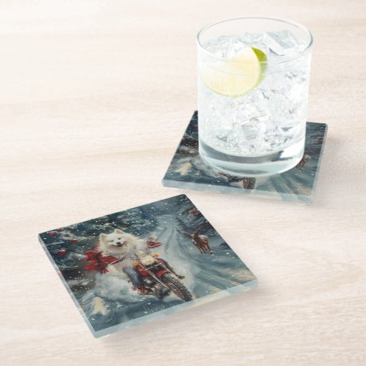 アメリカのエスキモー犬オートバイクリスマスに乗る ガラスコースター (アングル)