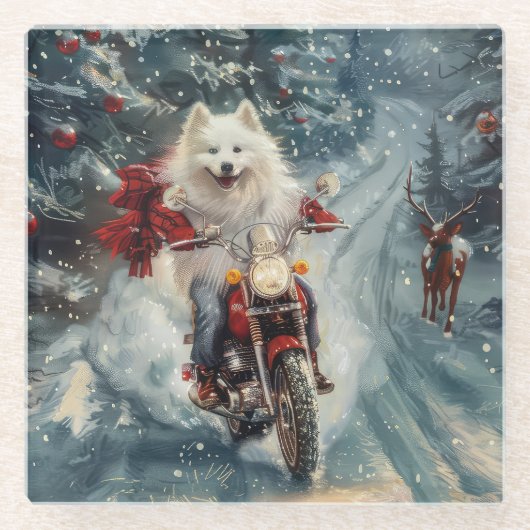 アメリカのエスキモー犬オートバイクリスマスに乗る ガラスコースター (正面)
