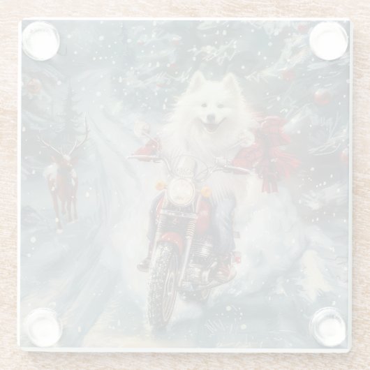 アメリカのエスキモー犬オートバイクリスマスに乗る ガラスコースター (裏面)