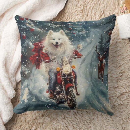 アメリカのエスキモー犬オートバイクリスマスに乗る クッション (ブランケット)