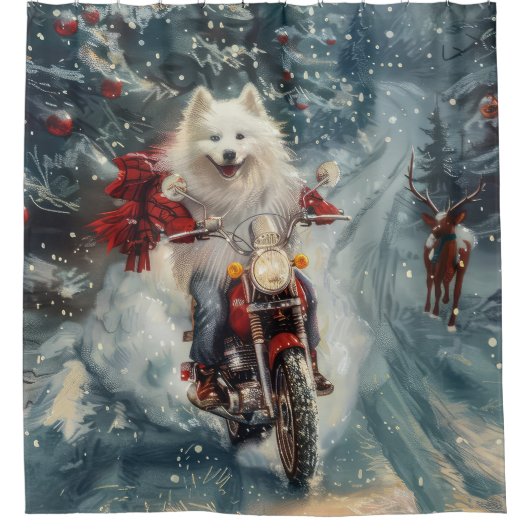 アメリカのエスキモー犬オートバイクリスマスに乗る シャワーカーテン (正面)