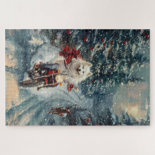 アメリカのエスキモー犬オートバイクリスマスに乗る ジグソーパズル (横)