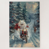 アメリカのエスキモー犬オートバイクリスマスに乗る ジグソーパズル (縦)