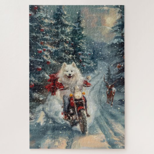 アメリカのエスキモー犬オートバイクリスマスに乗る ジグソーパズル (縦)